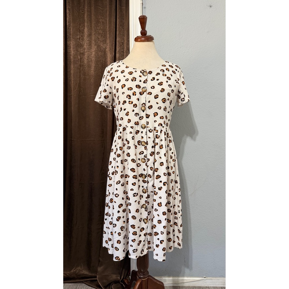 Jody California Vintage Leopard Print Button Front Linen Blend Midi Dress Medium